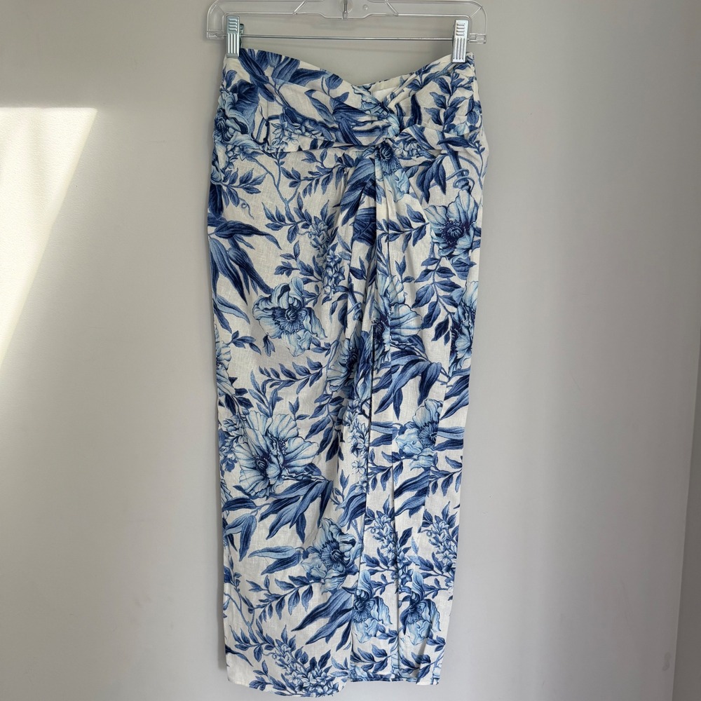 Blue Floral Linen‎ Blend Faux Wrap Midi Skirt Twist Knot Waist High Slit Size 4